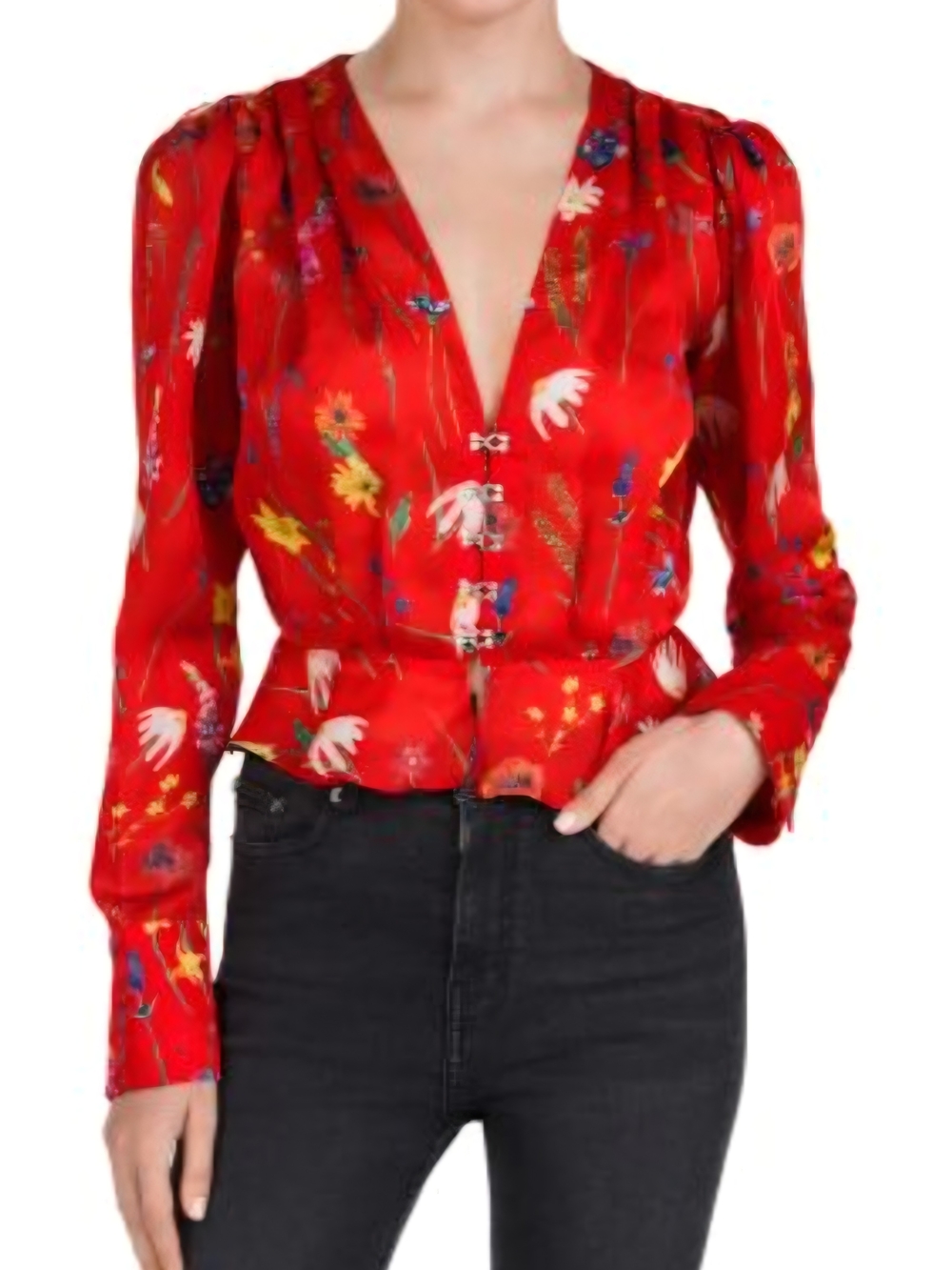 The Kooples Red Floral V-Neck Peplum Feminine Classy Sheer Summer Blouse